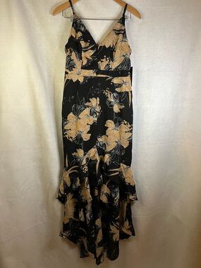 Lulus Dress Darling Daylily Black Tan Floral High Low Maxi  Sz L NWT